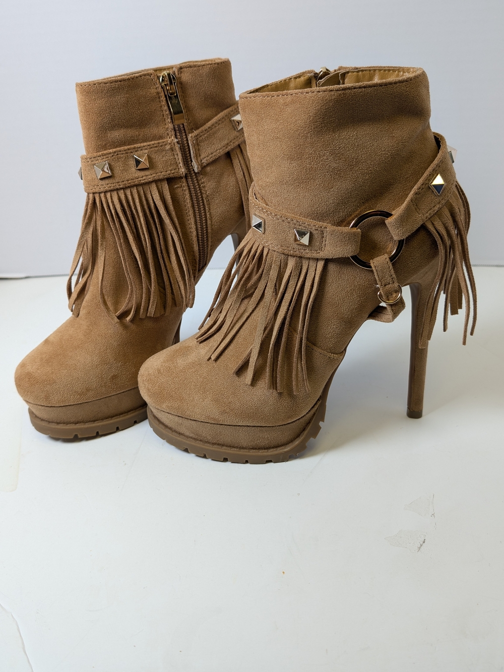 Shoe Dazzle Tan Fringe Studded Platform Ankle Boots